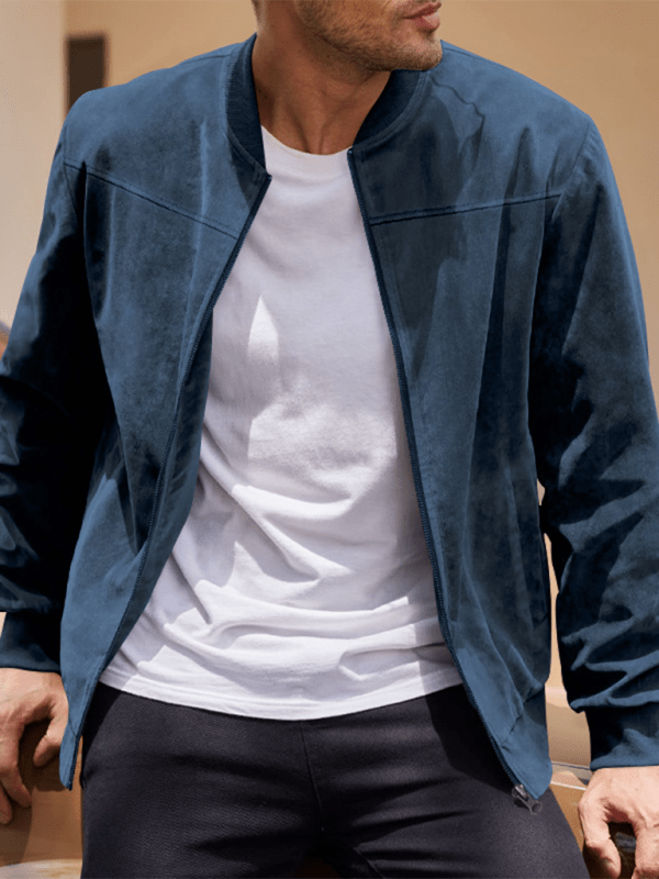 Pánská semišová bomber bunda – minimalistický model na zip s žebrovanými lemy
