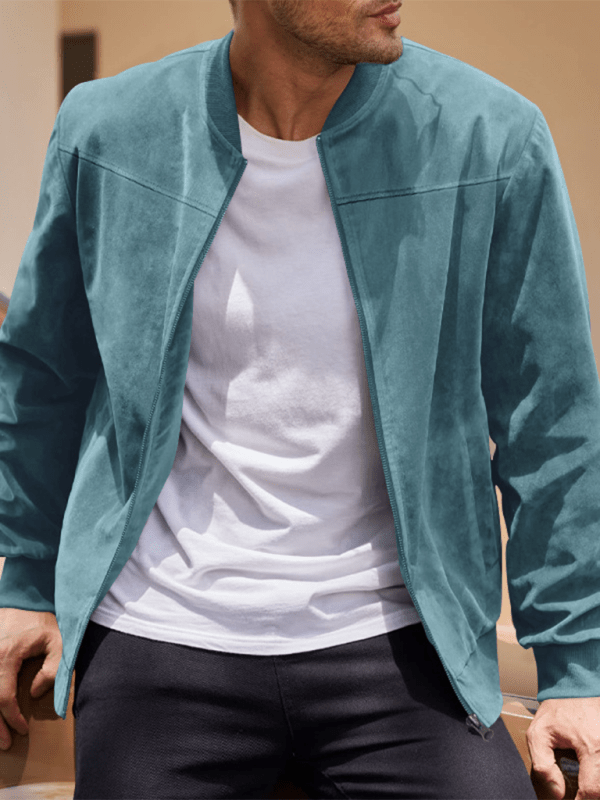 Pánská semišová bomber bunda – minimalistický model na zip s žebrovanými lemy