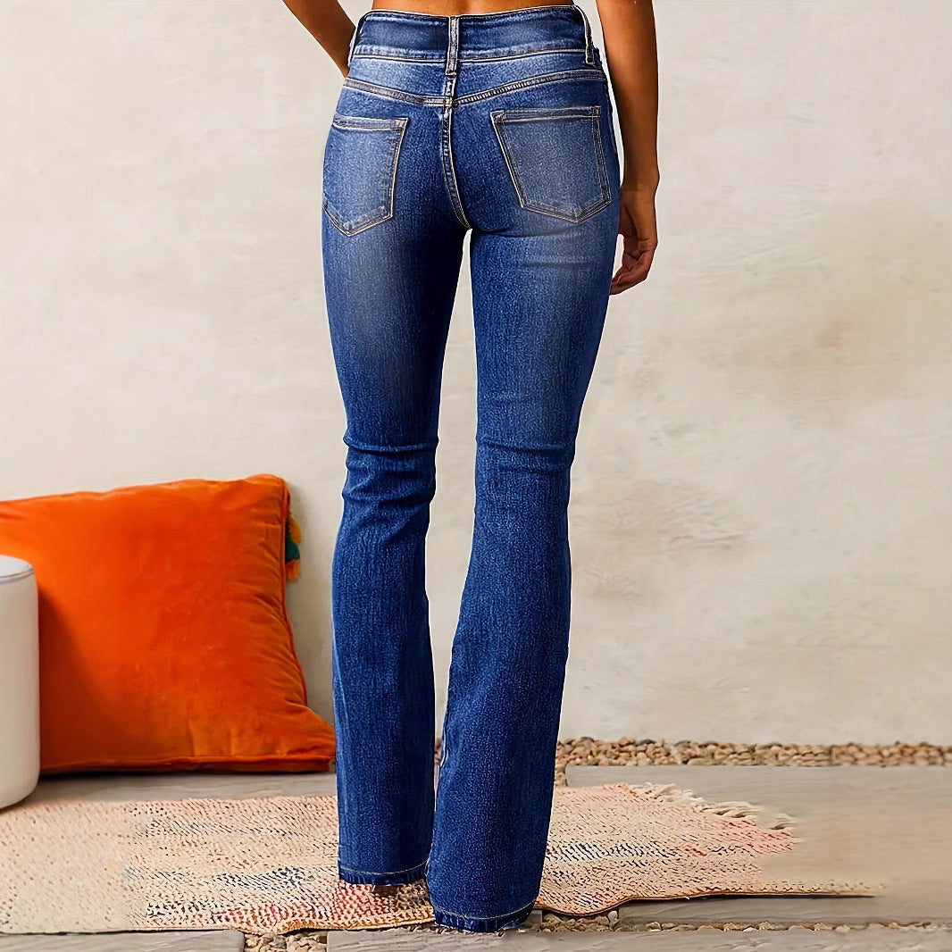 Calças de ganga de cintura alta com corte bootcut e dois botões para mulher