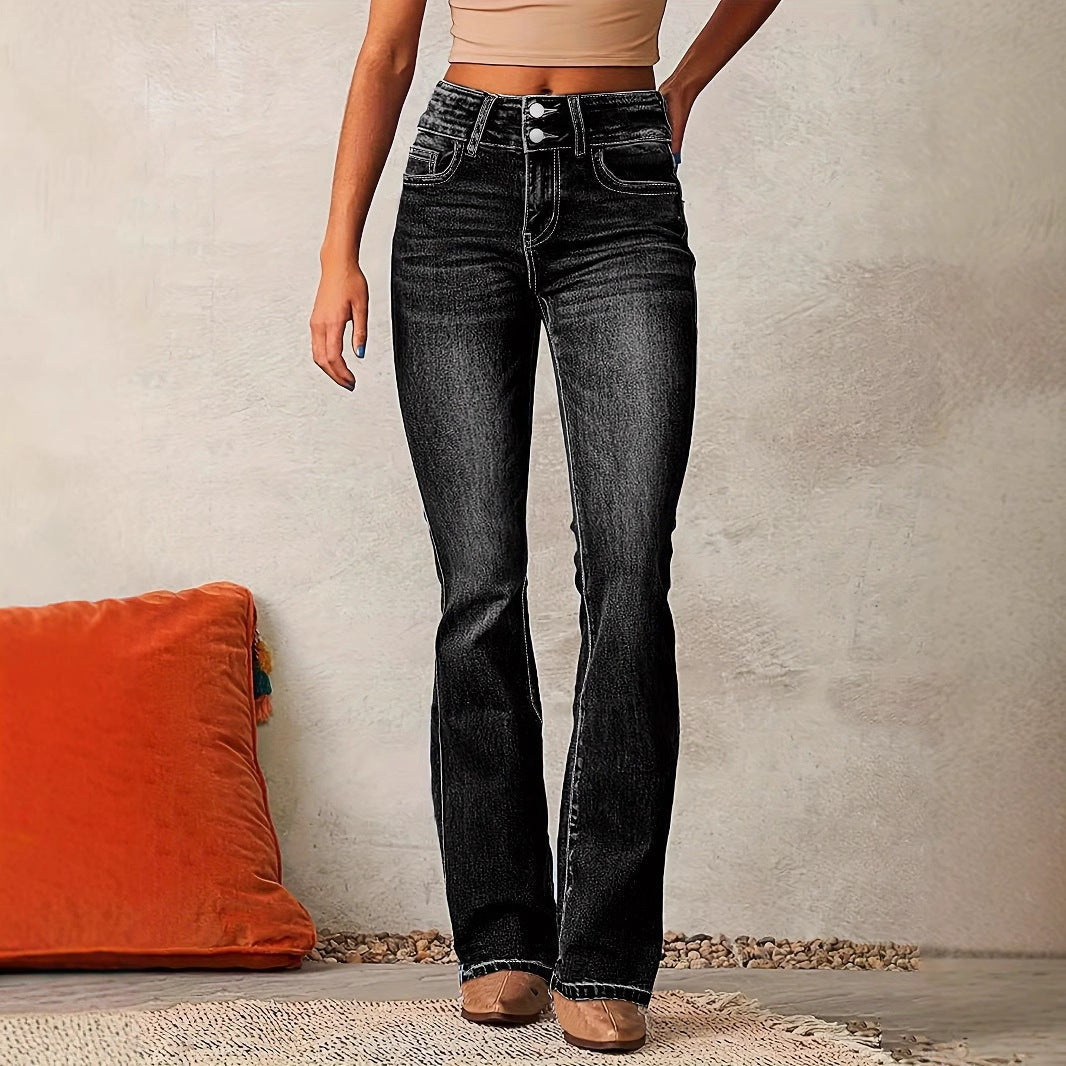 Calças de ganga de cintura alta com corte bootcut e dois botões para mulher