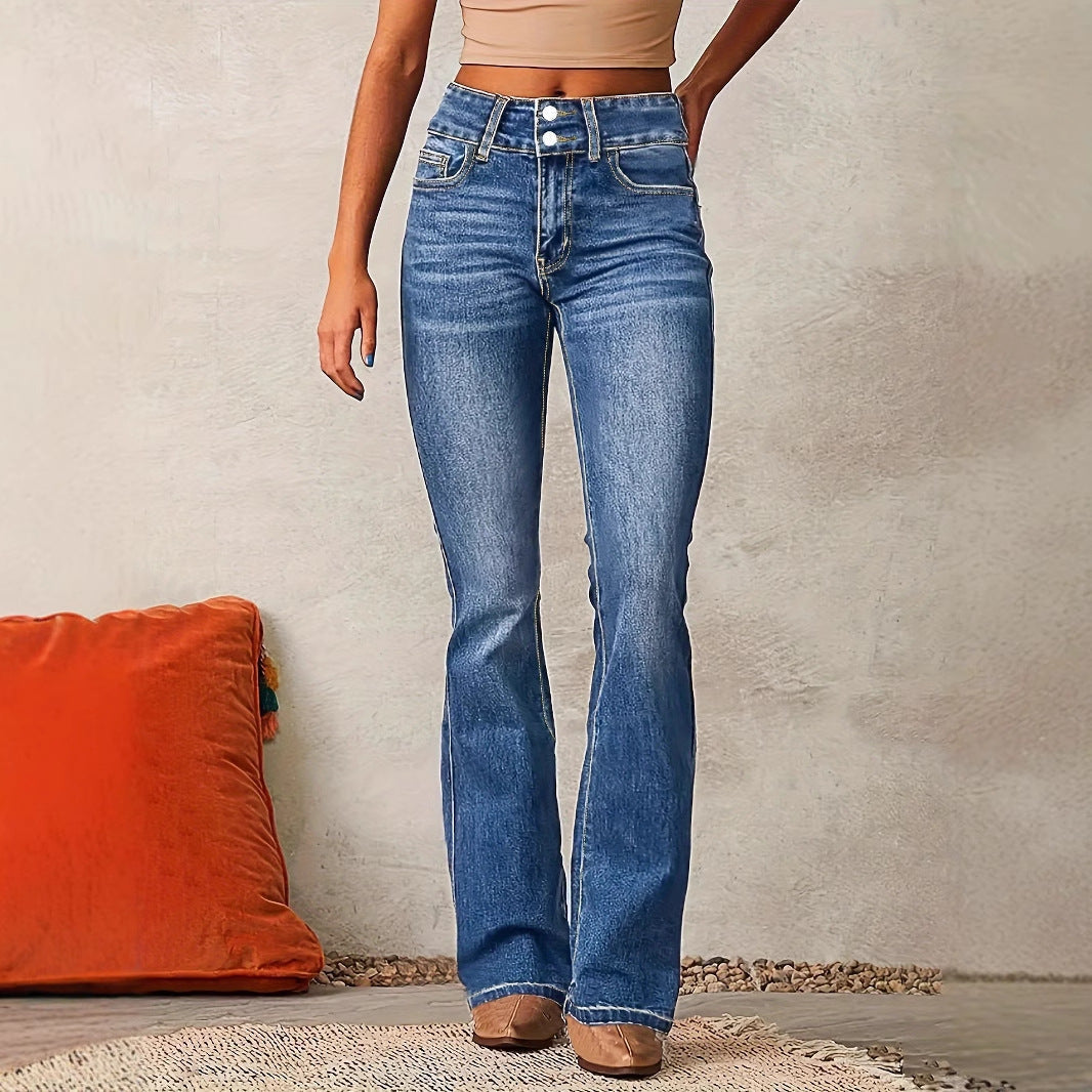 Calças de ganga de cintura alta com corte bootcut e dois botões para mulher