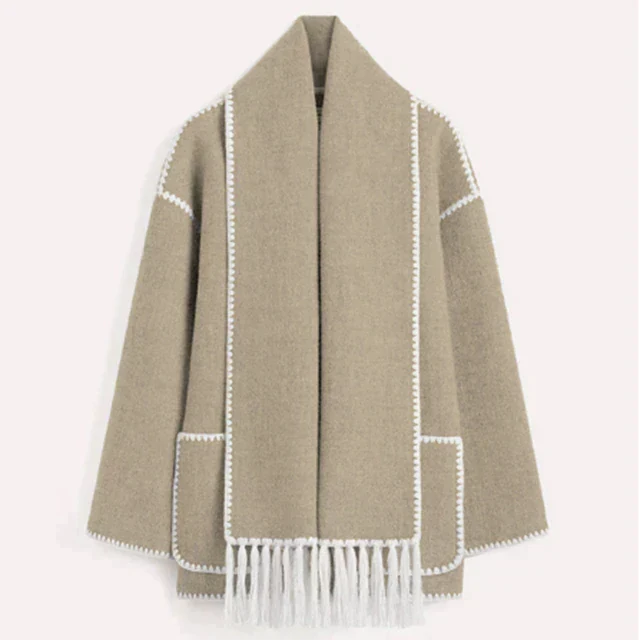 Women’s Oversized Scarf-Detail Winter Jacket – Contrast-Stitch Button Layer for Cold-Weather Styling