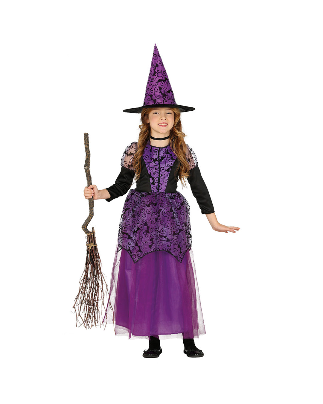 Dětské fialové halloweenské kostýmové šaty čarodějnice s netopýřím motivem a kloboukem