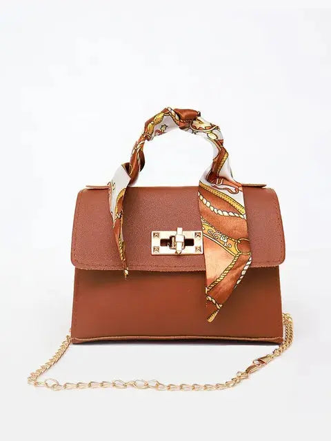 Women’s Structured Chain Handbag Printed Scarf Handle Shoulder Bag