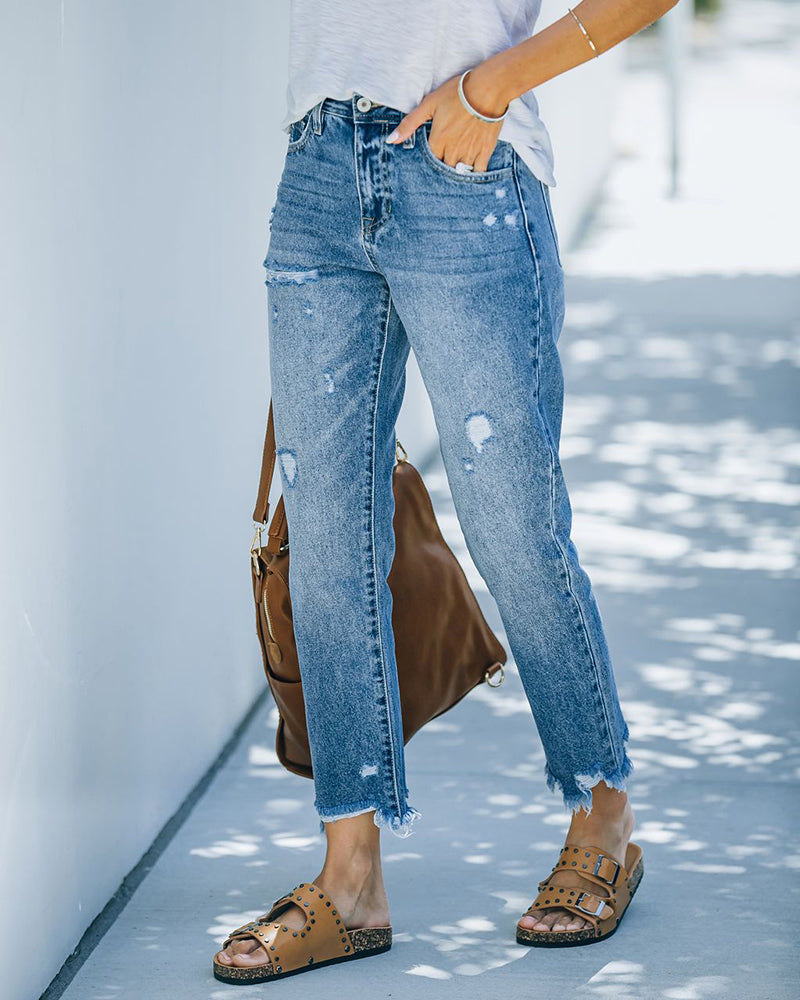 Blugi damă cu croială dreaptă, talie scurtă, tiv uzat și destrămat, casual chic, pantaloni denim pentru uz zilnic