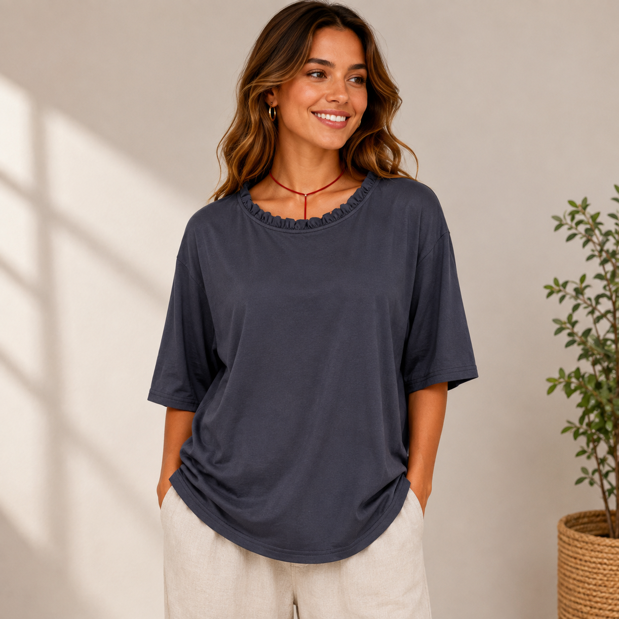 Women’s Relaxed Short Sleeve Blouse – Ruffle Neck Casual Top for Everyday Wear