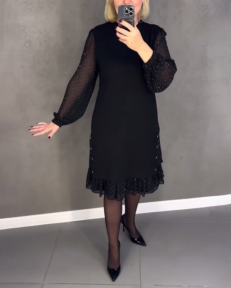 Women's Long Sleeve Polka Dot Dress Knee Length Elegant Casual Shift D