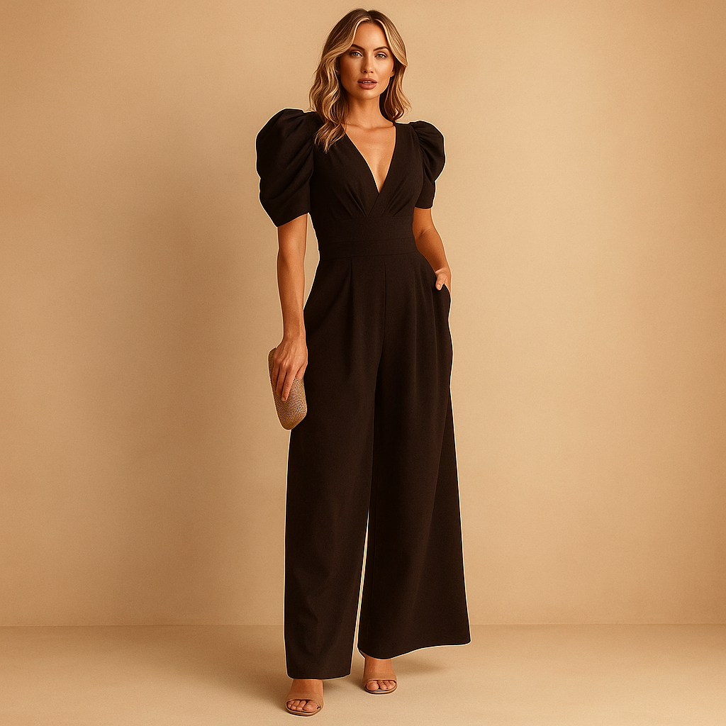 Women’s Wide-Leg Jumpsuit – Tailored V-Neck Style with Puff Sleeves for Weddings Dinners Parties and Elegant Formal Occasions