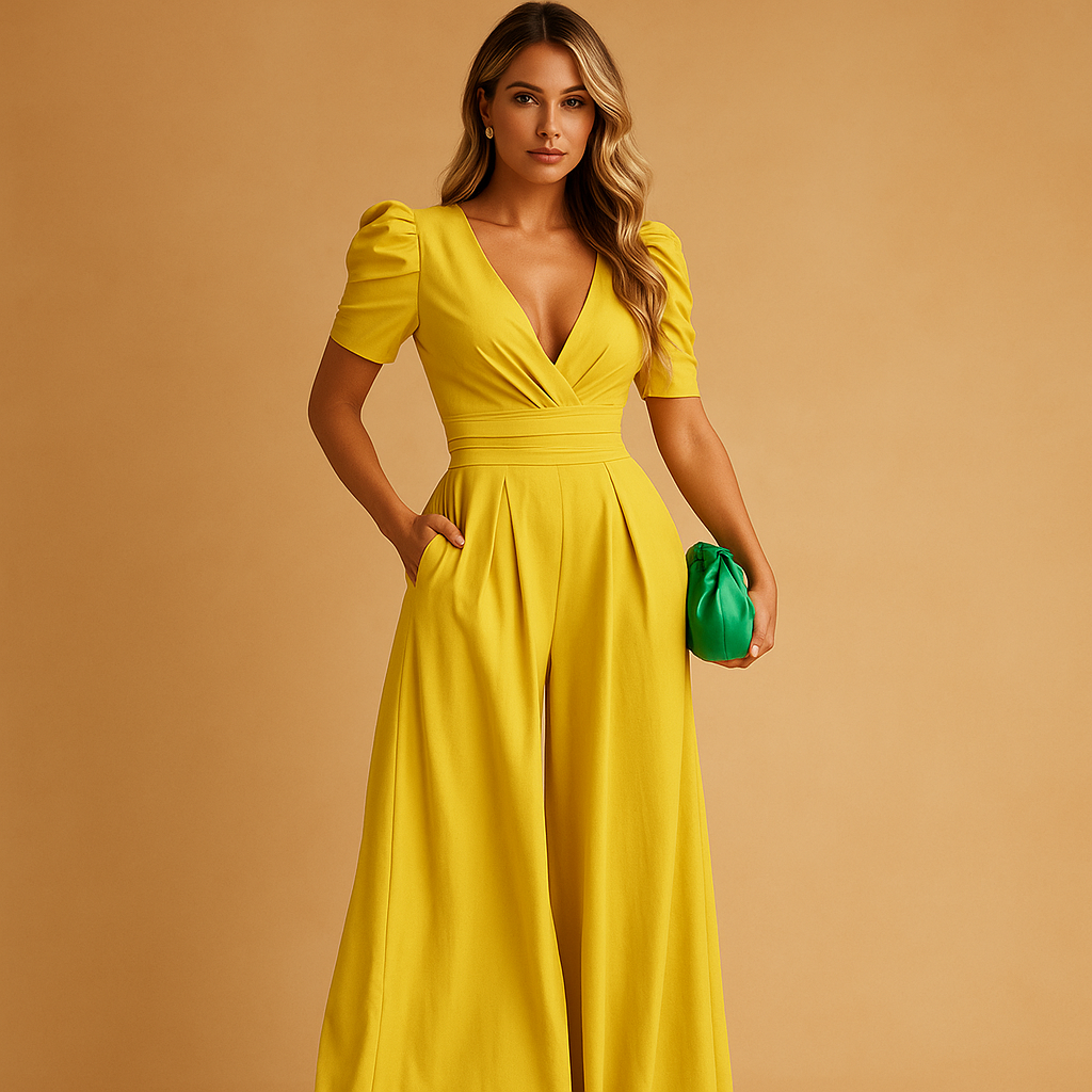 Women’s Wide-Leg Jumpsuit – Tailored V-Neck Style with Puff Sleeves for Weddings Dinners Parties and Elegant Formal Occasions