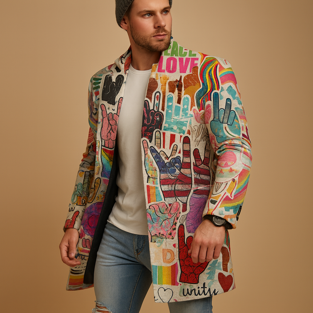 Men’s Graphic Longline Overcoat – Statement Printed Layer for Casual City Events and Transitional Everyday Wear