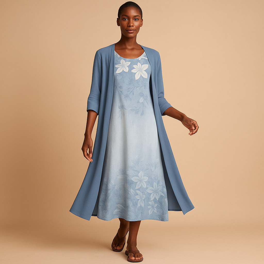 Ženska cvjetna maksi haljina i kimono set - lagani komplet bez rukava iz dva dijela za ljetne praznike, večere i elegantne prigode