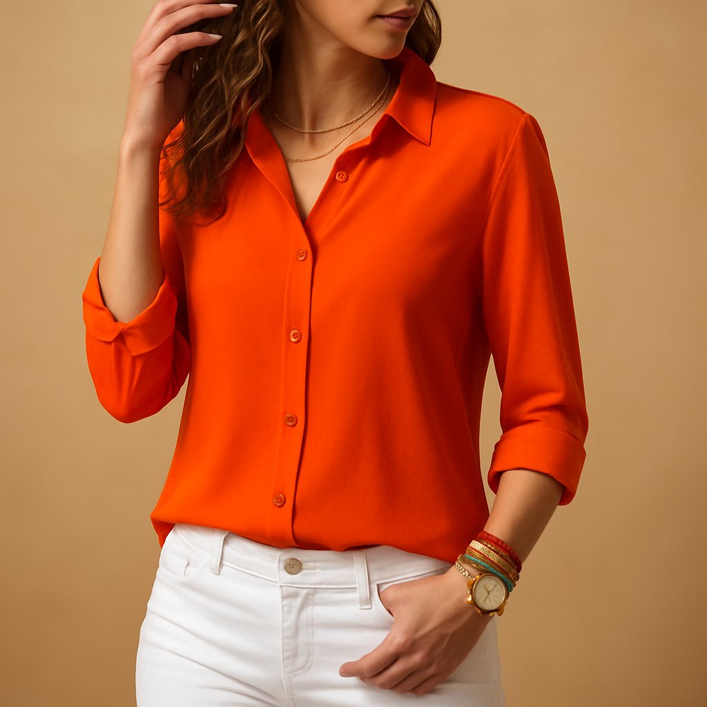 Blusa de senhora de manga comprida com botões à frente – Camisa com gola e caimento suave para escritório, ambiente profissional casual, viagens, cidade ao fim de semana e um estilo requintado para o dia a dia