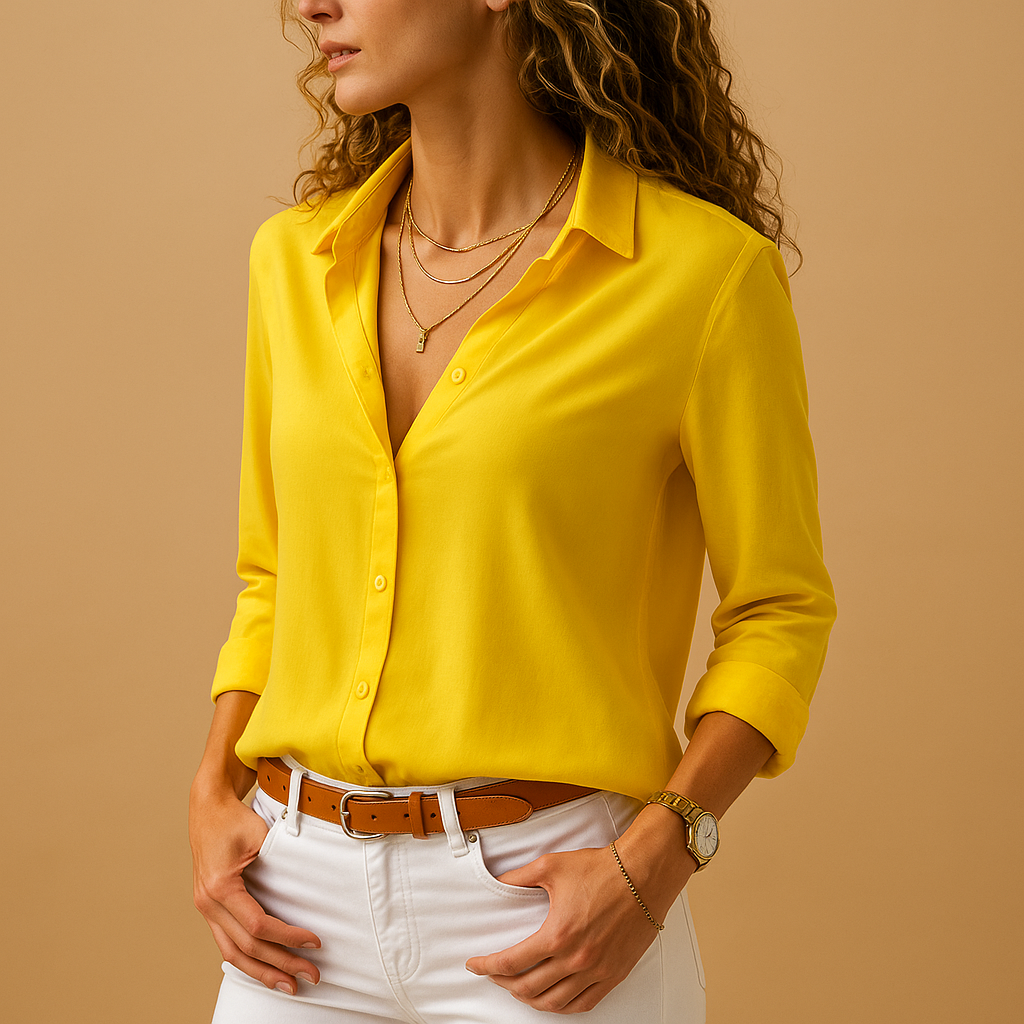 Blusa de senhora de manga comprida com botões à frente – Camisa com gola e caimento suave para escritório, ambiente profissional casual, viagens, cidade ao fim de semana e um estilo requintado para o dia a dia