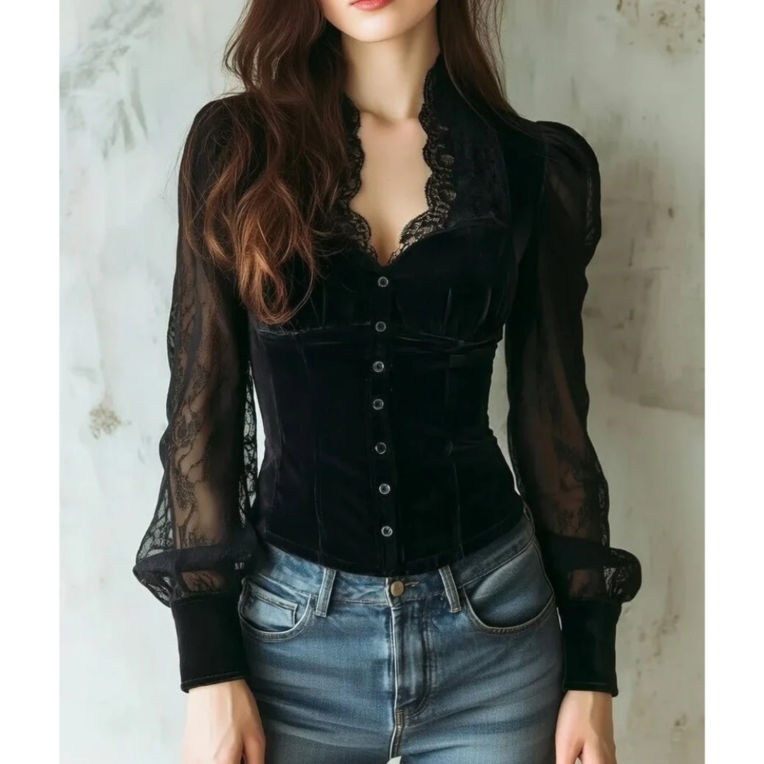 Women’s Lace Detail Blouse – Fitted Long-Sleeve Style for Evening and Smart Wear