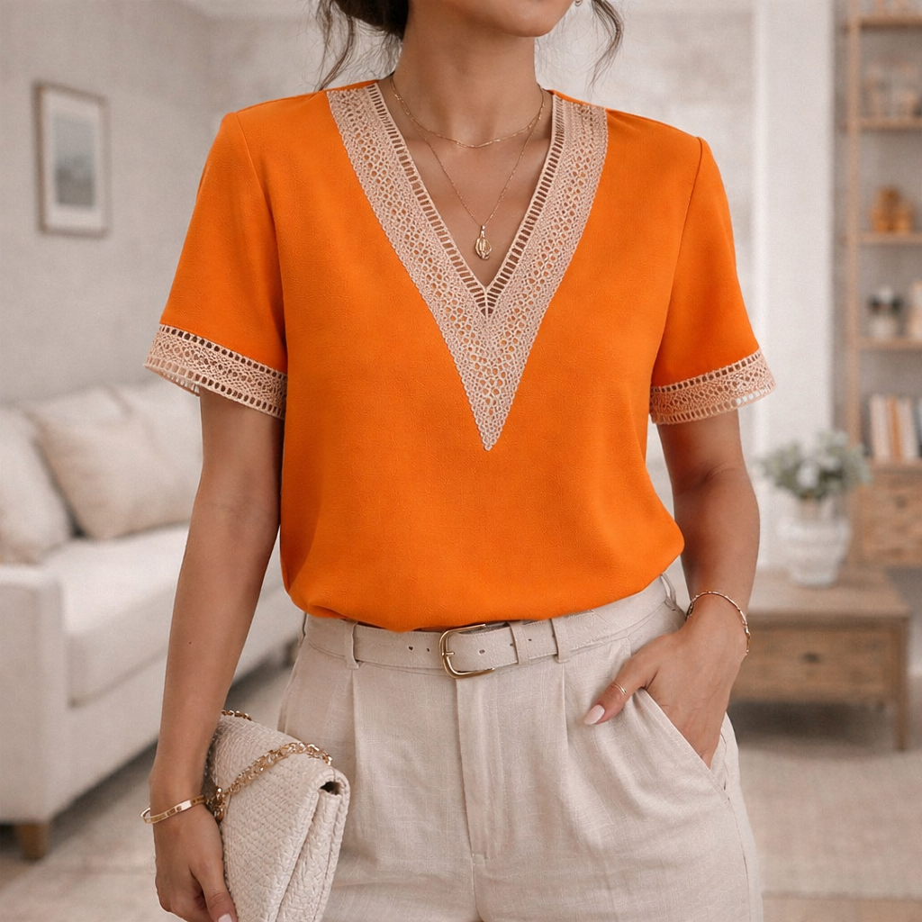 Women’s Lace Trim V Neck Blouse Elegant Short Sleeve Top