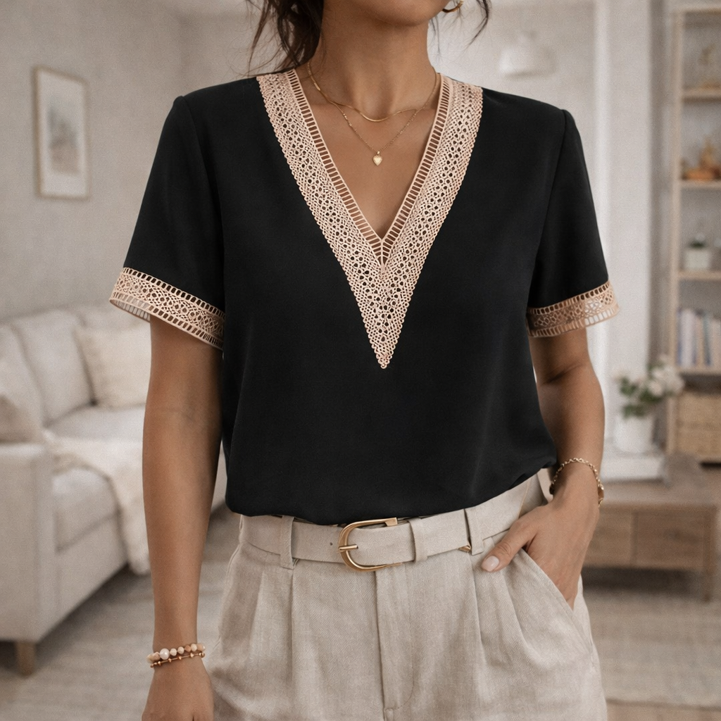 Women’s Lace Trim V Neck Blouse Elegant Short Sleeve Top
