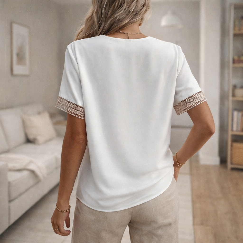 Women’s Lace Trim V Neck Blouse Elegant Short Sleeve Top