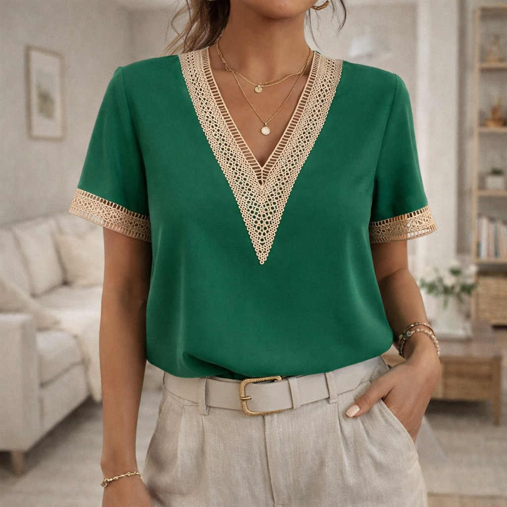 Women’s Lace Trim V Neck Blouse Elegant Short Sleeve Top