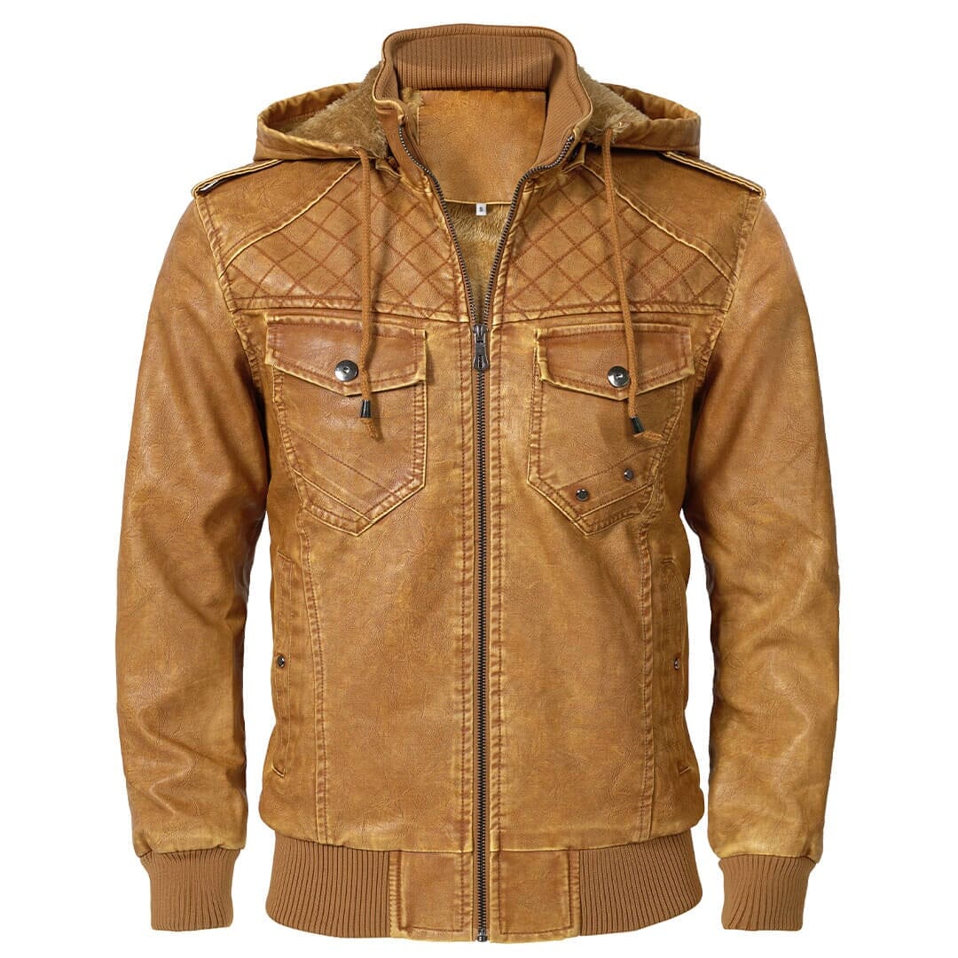 Pánská prošívaná bomber bunda z imitace kůže - praktický střih s odnímatelnou kapucí a zapínáním na zip pro přechodné období, víkendové outfity a neformální večerní nošení