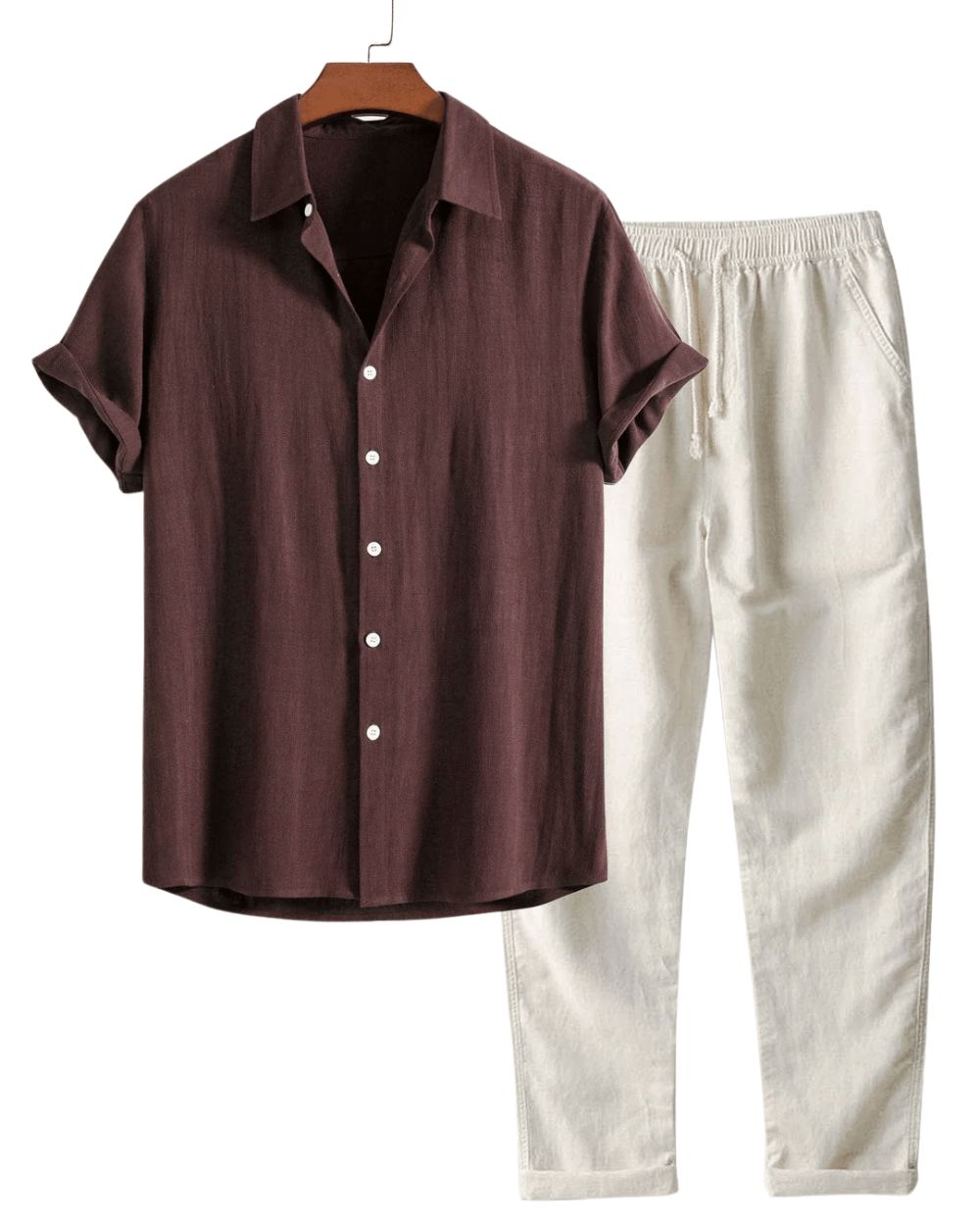 Conjunto de lino de manga corta para hombre: camisa y pantalón transpirables para viajar en verano