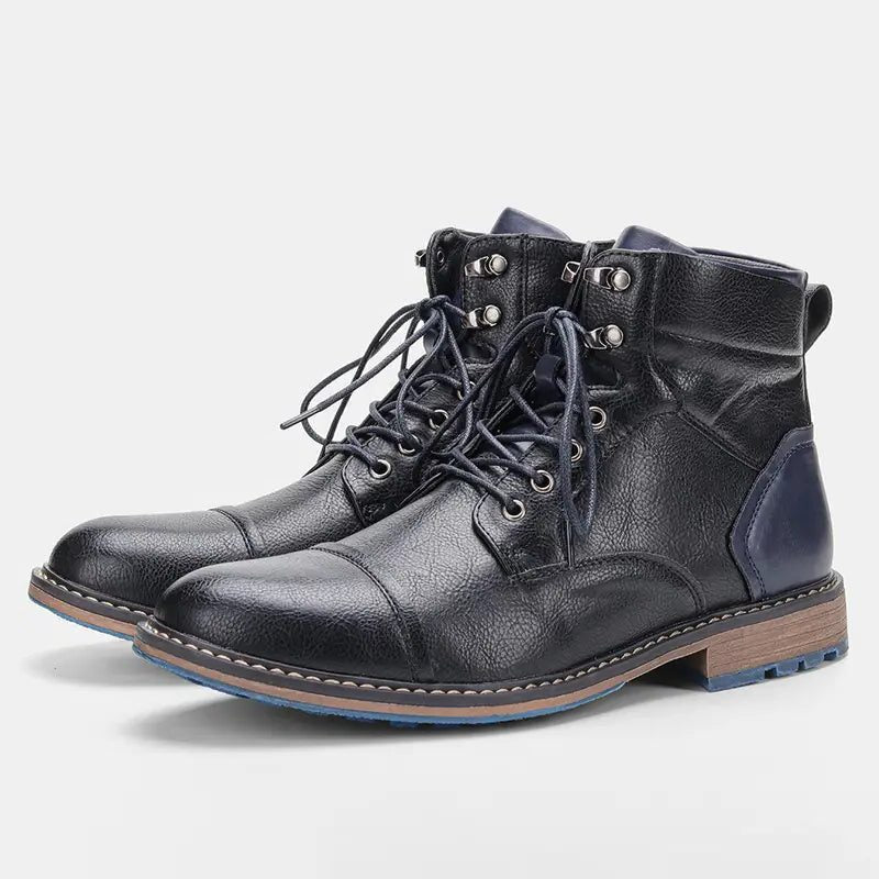 Snørestøvler i læder til mænd - ankelstøvler med cap-toe, blokhæl og kontrastsål til smart-casual brug