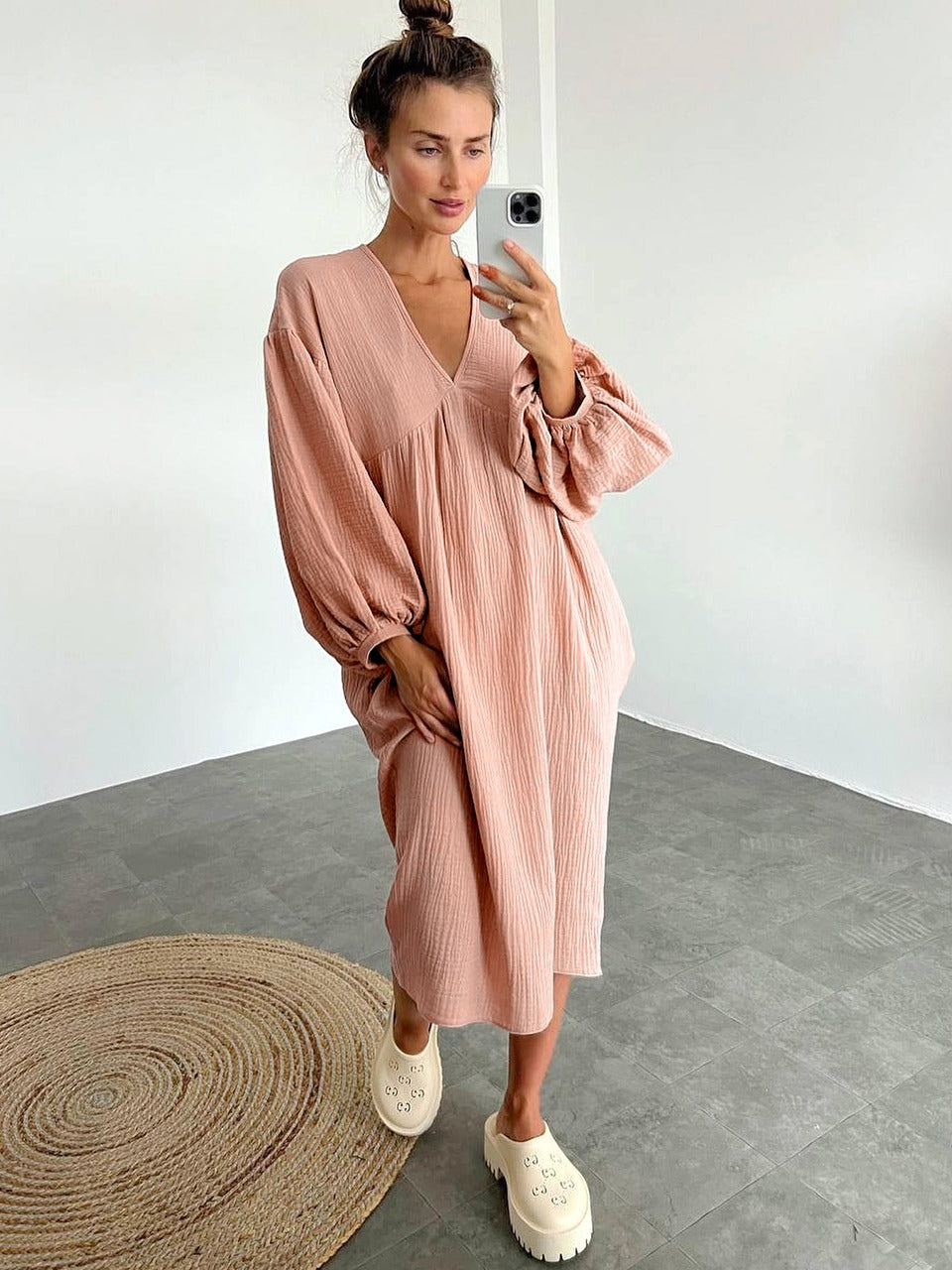Camisón midi para mujer con escote en V, mangas abullonadas y ajuste relajado