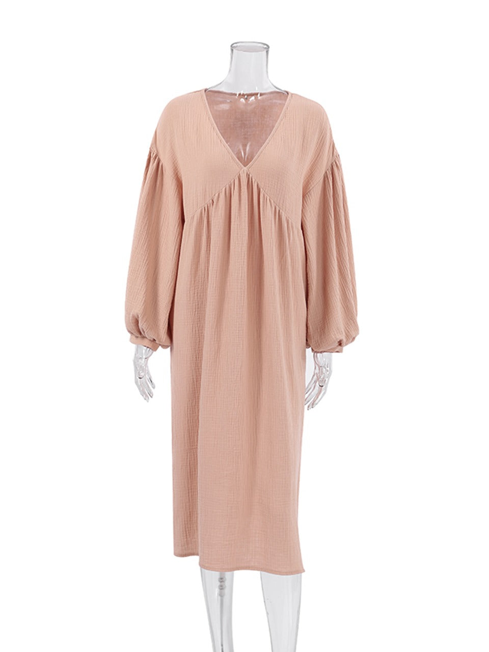 Camisón midi para mujer con escote en V, mangas abullonadas y ajuste relajado