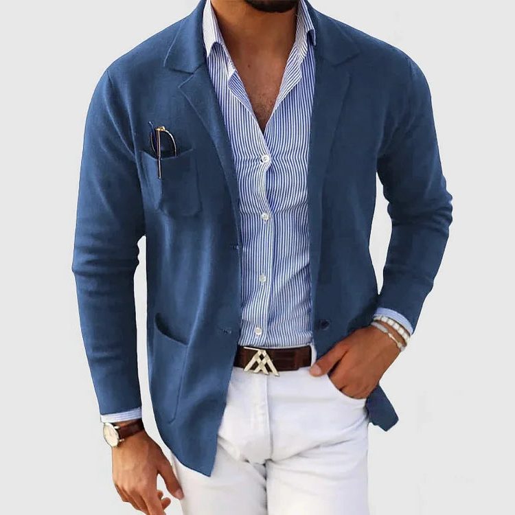Strikket blazer-cardigan til mænd - jakke med reverskrave, knaplukning foran og påsyede lommer til smart-casual lag-på-lag