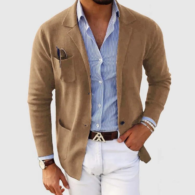 Strikket blazer-cardigan til mænd - jakke med reverskrave, knaplukning foran og påsyede lommer til smart-casual lag-på-lag