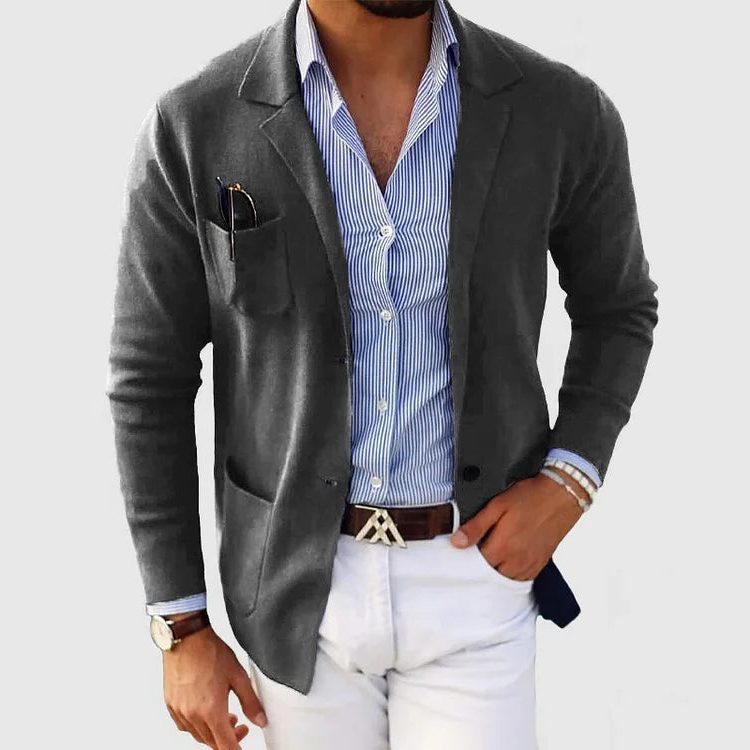 Strikket blazer-cardigan til mænd - jakke med reverskrave, knaplukning foran og påsyede lommer til smart-casual lag-på-lag