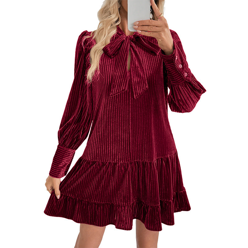 Women’s Velvet Mini Dress Bow Tie Pleated Long Sleeves