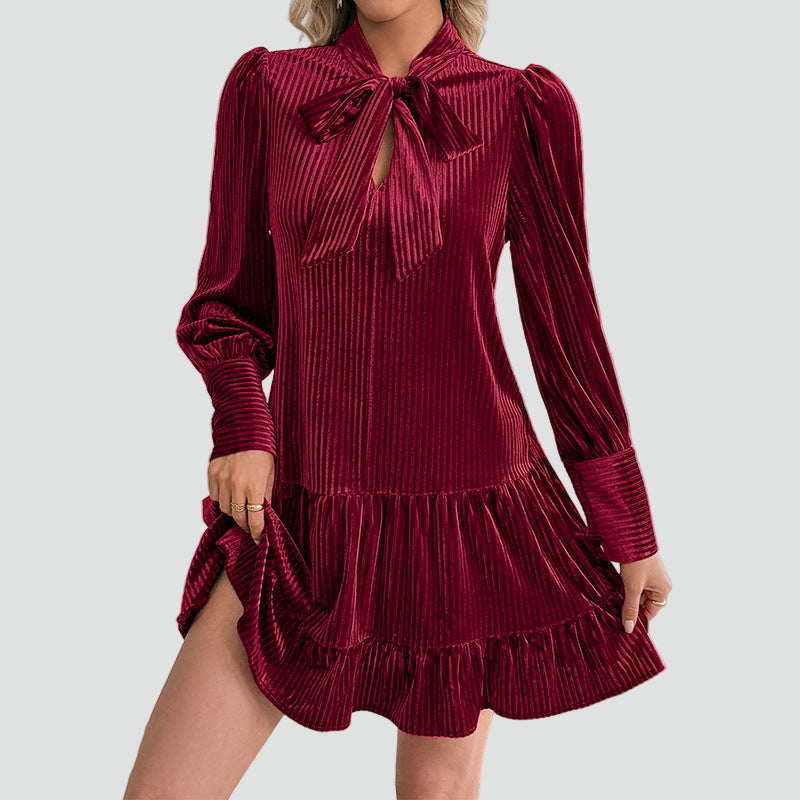 Women’s Velvet Mini Dress Bow Tie Pleated Long Sleeves