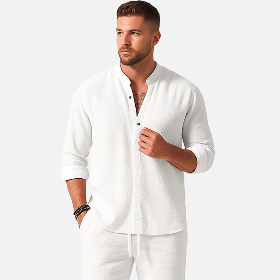 Ensemble deux pièces pour homme : chemise décontractée col mao et pantalon