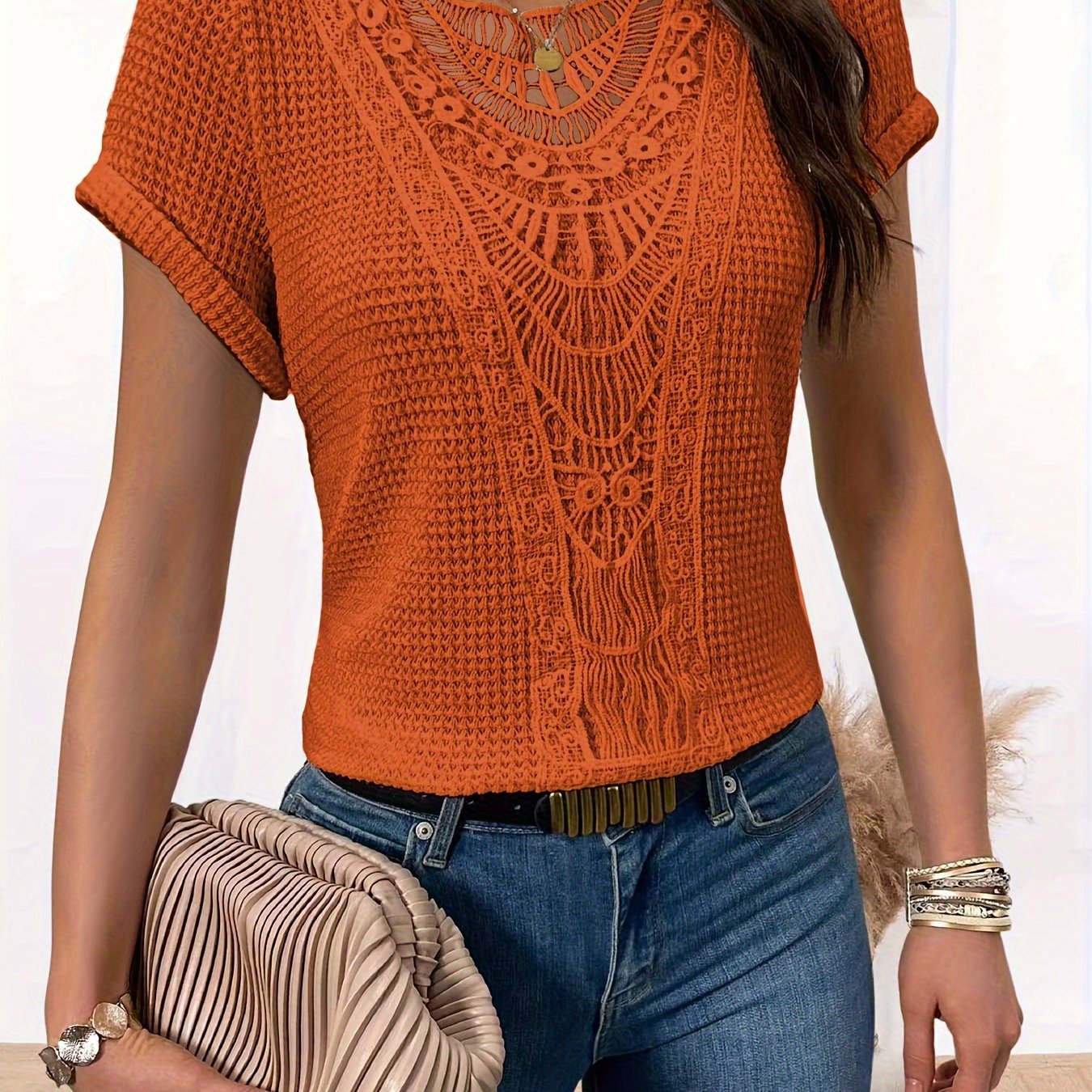 T-shirt da donna con inserto in pizzo, scollo rotondo, maniche corte, misto cotone, elegante e casual, top estivo quotidiano