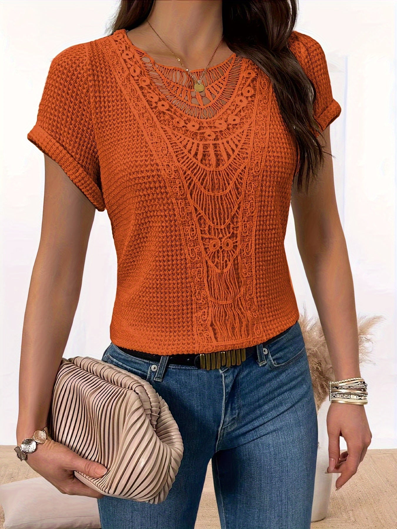 T-shirt da donna con inserto in pizzo, scollo rotondo, maniche corte, misto cotone, elegante e casual, top estivo quotidiano
