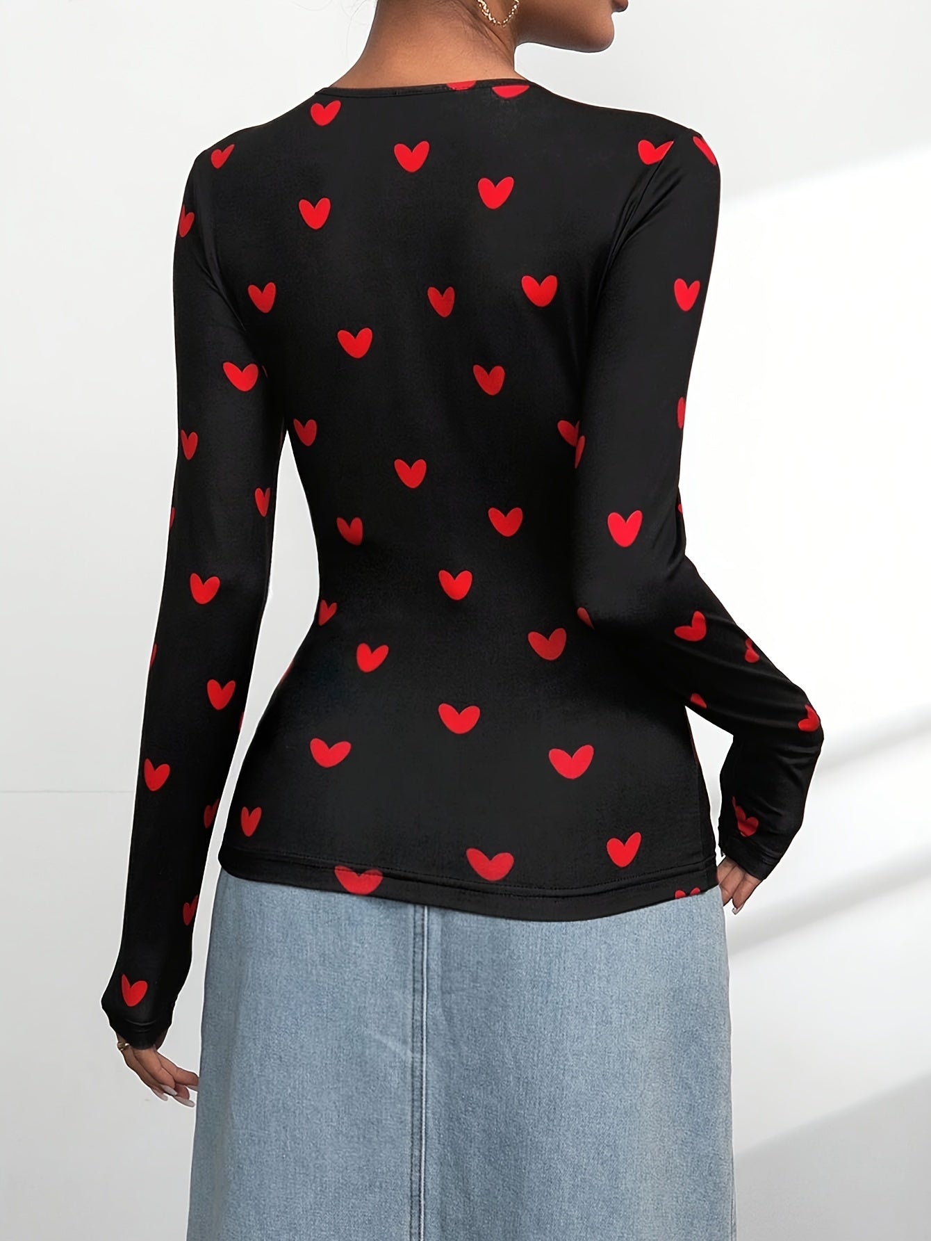 Camiseta para mujer con estampado de corazón, cuello redondo romántico, mezcla de algodón, casual, cómoda para uso diario