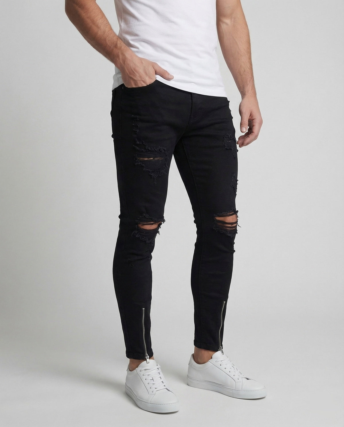 Pánské úzké džíny s obnošeným vzhledem a zipy u kotníků – přiléhavé džínové kalhoty pro ležérní streetwear