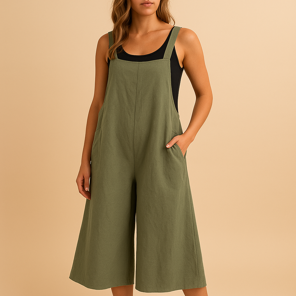 Women’s Cotton-Linen Wide-Leg Jumpsuit – Relaxed Sleeveless Summer Style for Casual Days and Travel