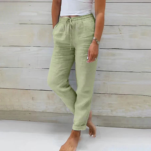 Pantaloni de vară pentru femei, din in, cu șnur, ușori și lejeri