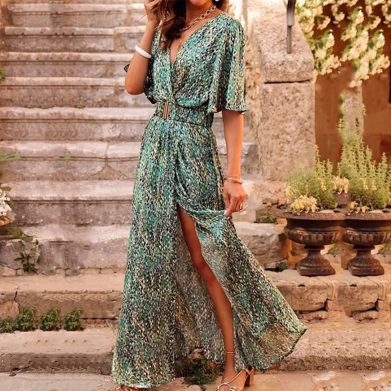 Vestido largo envolvente estampado para mujer con mangas acampanadas y abertura en el dobladillo
