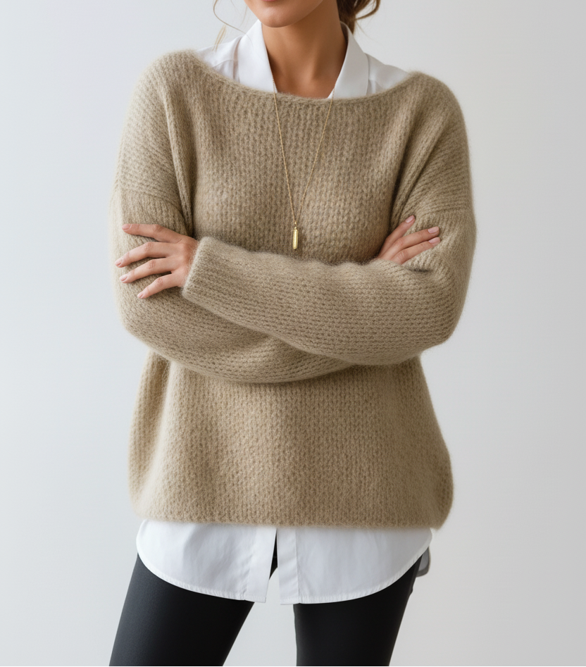 Pulover tricotat de damă, pufos și supradimensionat - pulover moale și texturat, cu decolteu larg și mâneci lungi lejere, pentru toamnă și iarnă