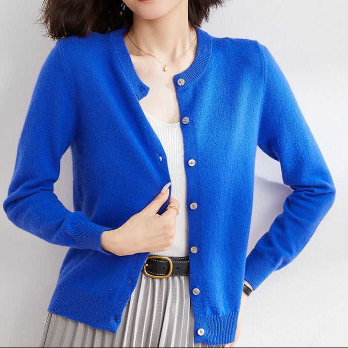 Women’s Round Neck Knitted Cardigan with Long Sleeves and Ribbed Trims – Simple Everyday Layer for Casual and Smart Outfits