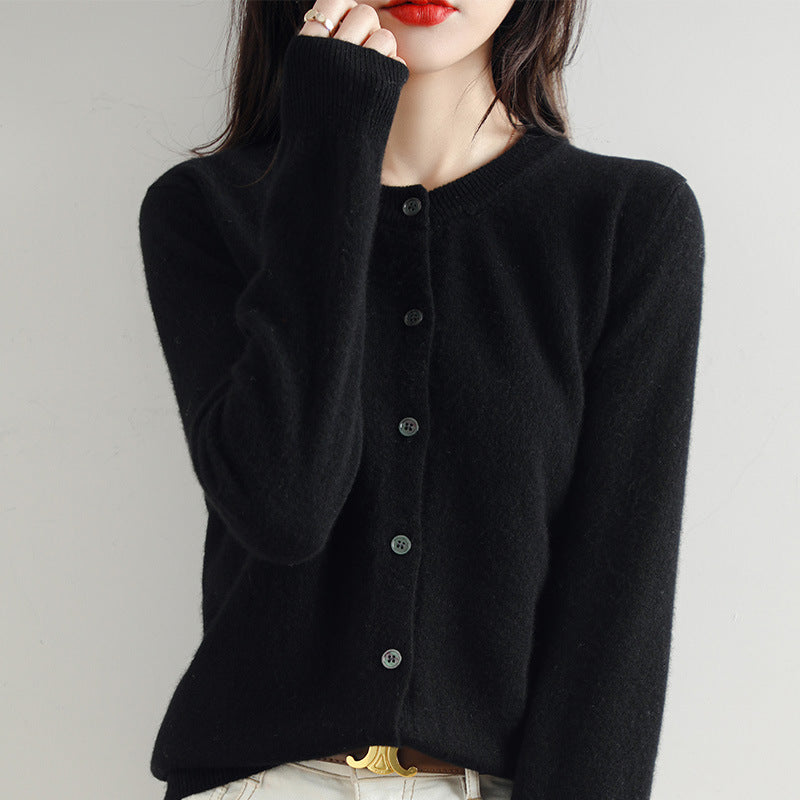 Women’s Round Neck Knitted Cardigan with Long Sleeves and Ribbed Trims – Simple Everyday Layer for Casual and Smart Outfits