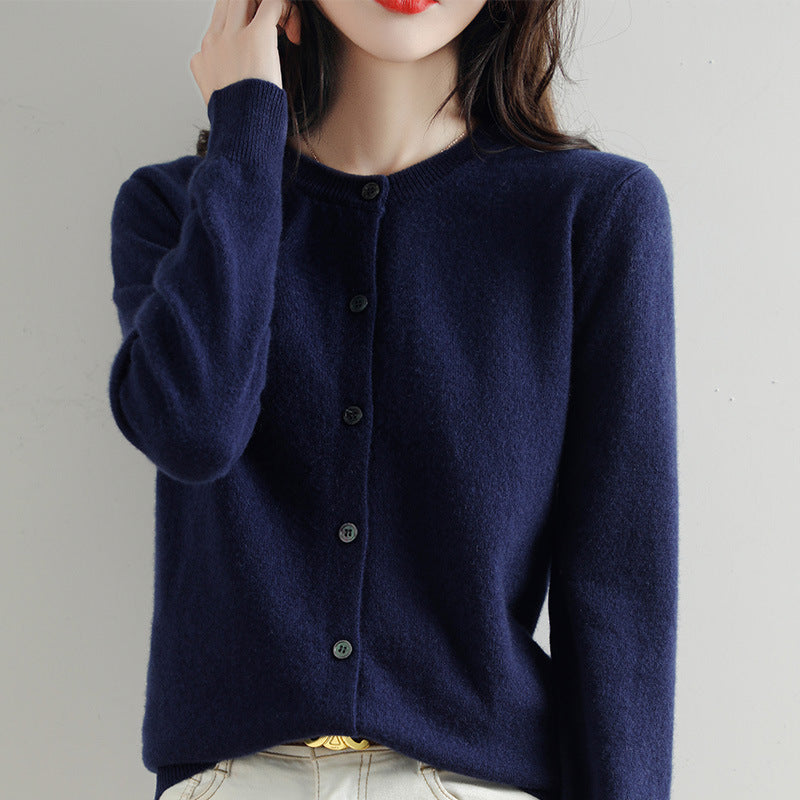 Women’s Round Neck Knitted Cardigan with Long Sleeves and Ribbed Trims – Simple Everyday Layer for Casual and Smart Outfits