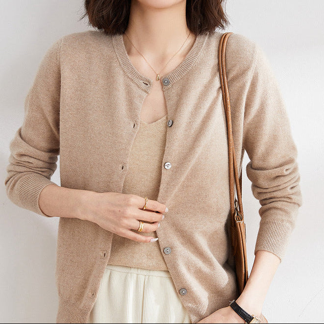 Women’s Round Neck Knitted Cardigan with Long Sleeves and Ribbed Trims – Simple Everyday Layer for Casual and Smart Outfits