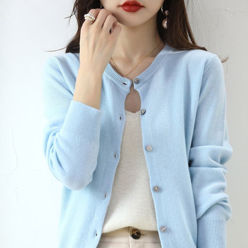 Women’s Round Neck Knitted Cardigan with Long Sleeves and Ribbed Trims – Simple Everyday Layer for Casual and Smart Outfits