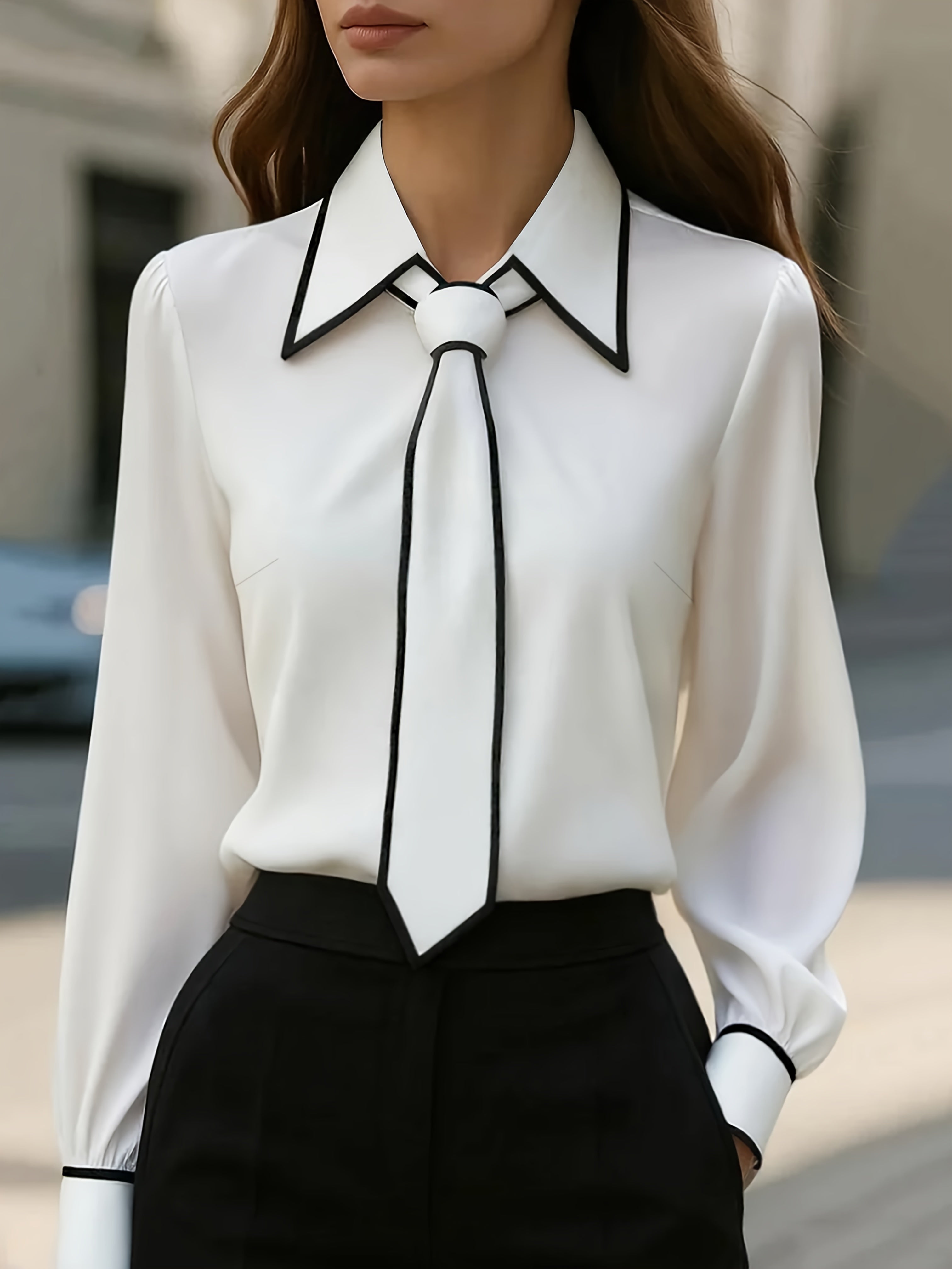 Women’s Contrast Trim Tie Neck Long Sleeve Blouse