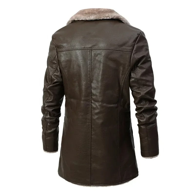 Pánský zimní kabát z PU kůže s podšívkou z beránčí kožešiny – dlouhý kabát s klopami pro elegantní zimní styl