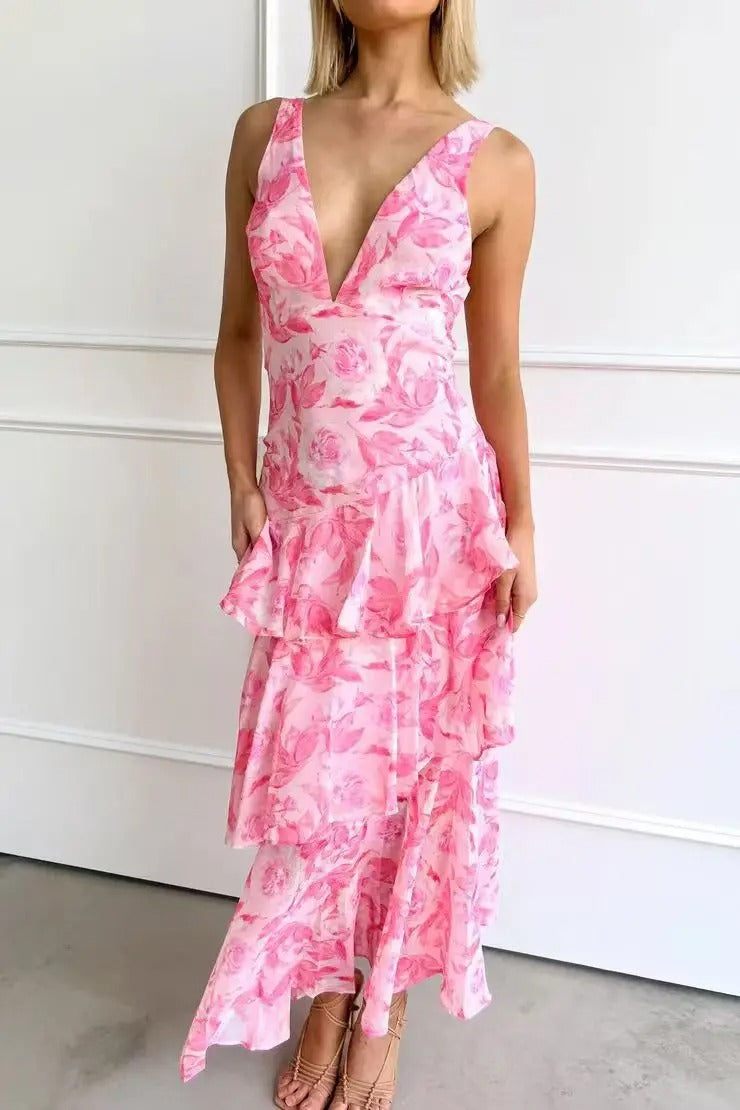 Rochie maxi de damă fără mâneci, cu decolteu în V – model imprimat cu volane suprapuse, pentru evenimentele de primăvară