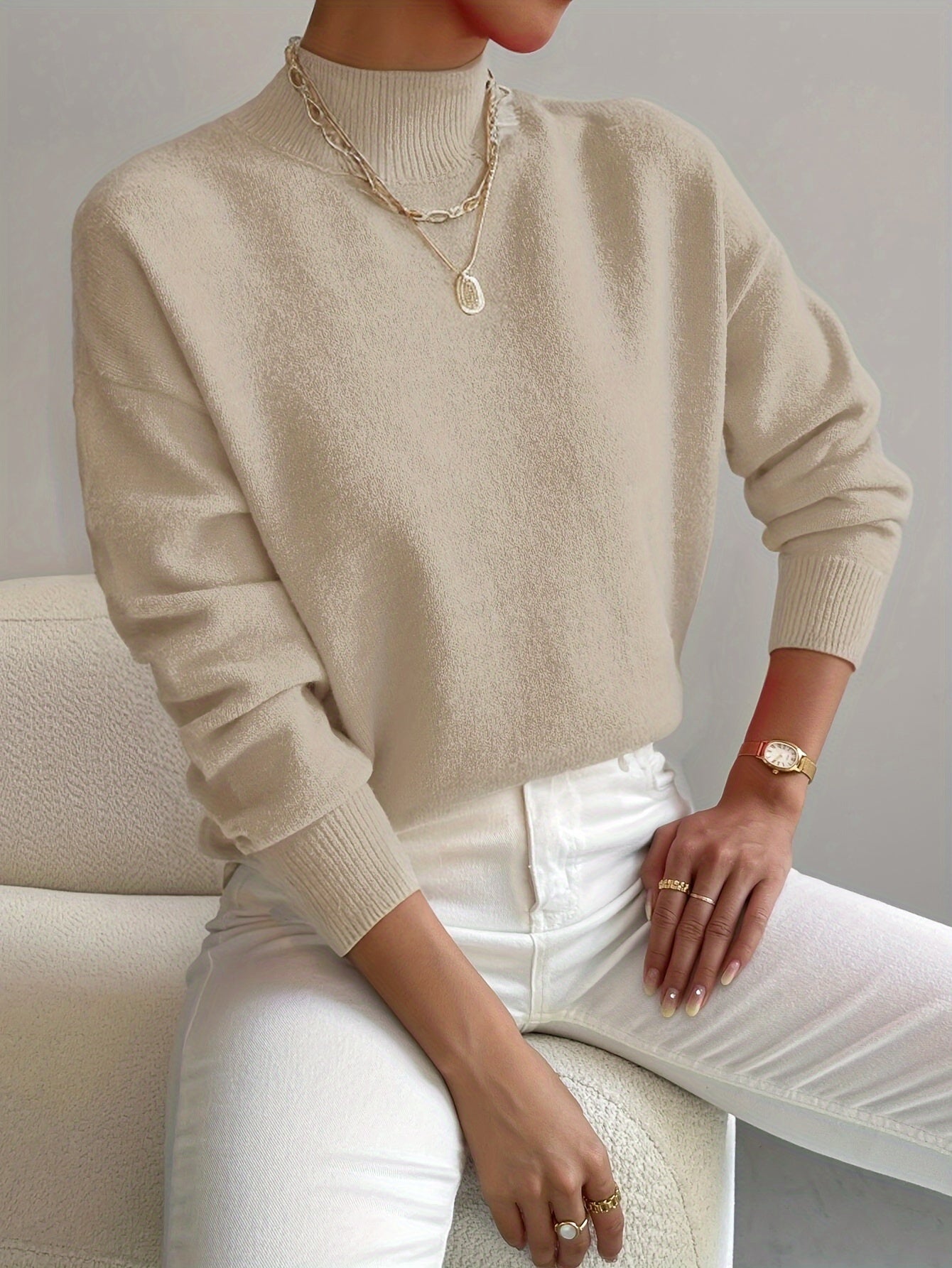 Women’s Mock Neck Sweater – Soft Minimalist Knit for Autumn and Winter